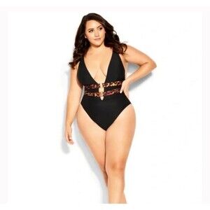 Fox & Royal Vibeka Animal Print Plus Size 18 One Piece Swimsuit Plunge NWT